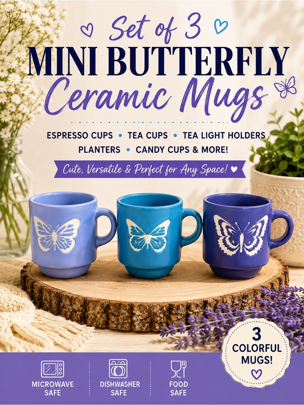Set of 3 Mini Butterfly Ceramic Espresso Mugs Blue Purple Tea Cups